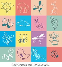 Colorful baby illustration seamless pattern. Cute baby pictures on colored squares repeat background. Cute summer print for textile, packaging, design, vector graphics