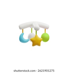 Colorful baby mobile 3D plastic cartoon style. Entertaining toy for newborn baby, children decoration. Volume realistic carousel vector icon. Cartoon cute infant music spinning accessory