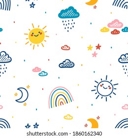 Colorful Baby Pattern with Rainbow, Sun, Rain Clouds, Moon and Stars. Sky Background.  Vector Seamless Pattern with Weather Elements. Bright Wallpaper for Kids Fashion, Nursery, Baby Shower design