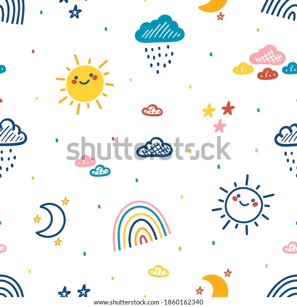 Colorful Baby Pattern with Rainbow, Sun, Rain\
Clouds, Moon and Stars. Sky Background.  Vector Seamless Pattern\
with Weather Elements. Bright Wallpaper for Kids Fashion, Nursery,\
Baby Shower design