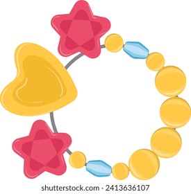 Juguete colorido para el ganado bebé con elementos amarillos, rojos y azules. Anillo de juguete infantil con estrellas y círculos para gomas tranquilizantes. Ilustración de los vectores en tiempo de reproducción y desarrollo infantil