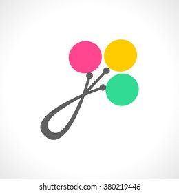 Colorful baby rattles in pink green and yellow isolated on white background. Newborn kid element icon. 