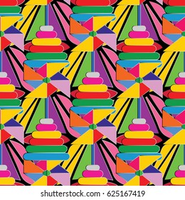 Colorful baby seamless pattern  background illustration with baby toys, cubes,  geometric shapes, figures. Colored vector texture for prints, fabric, textile, kids bed linen, kids wallpapers.