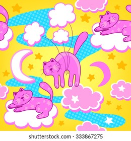 Colorful baby seamless pattern with cats, clouds and stars. Vector background