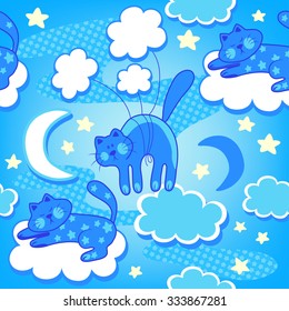 Colorful baby seamless pattern with cats, clouds and stars. Vector background