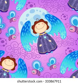 Colorful baby seamless pattern with fairies, angels, butterflies and stars. Vector background