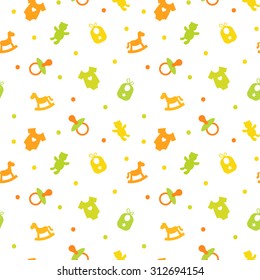 Colorful baby seamless pattern. Green, yellow and orange colors. Icons of baby items. Also for printing on paper and fabric. 