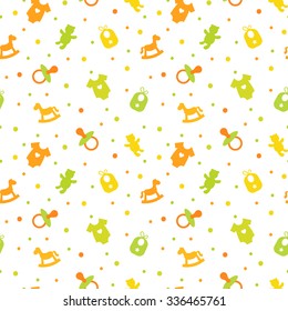 Colorful baby seamless pattern. Green, yellow and orange colors. Icons of baby items. Also for printing on paper and fabric. 