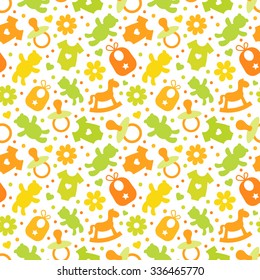 Colorful baby seamless pattern. Green, yellow and orange colors. Icons of baby items. Also for printing on paper and fabric. 