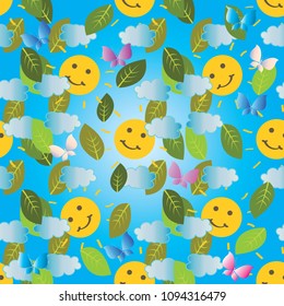 Colorful baby seamless pattern. Vector light blue cute background. Sky,  sun, clouds, butterflies, leaves. Beautiful design for baby wallpapers, fabric, textile, clothes, print. Happy summer holidays.