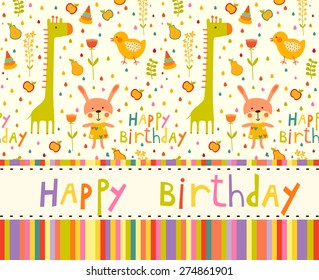 Colorful Baby shower background with cat, chicken and giraffe. Happy birthday card.