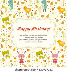 Colorful Baby shower background with cat, chicken and rabbit. Happy birthday greeting card or invitation.