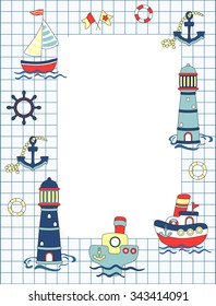 Colorful Baby shower background with ship, lighthouse and sea. Baby happy birthday greeting card or invitation with place for text.