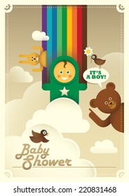 Colorful baby shower illustration with comic animals. Vector illustration.