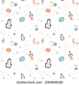 Colorful baby space vector seamless pattern with penguins, stars, rockets and planets. Vector illustration in simple hand drawn Scandinavian style. Best for baby nursery, clothes, baby shower decor.