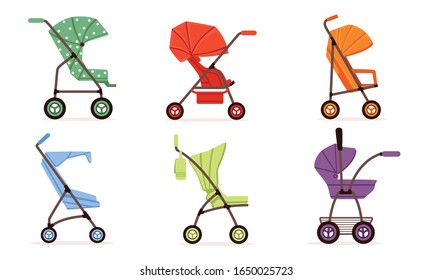 Colorful Baby Strollers Collection, Different Types of Transport for Kids Vector Illustration on White Background