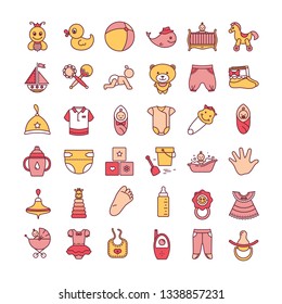 Colorful baby toys and clothes icon set isolated on a white background. Icon set in flat style drawing. Various children toys. Logo baby shop.