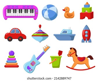 Colorful baby toys on white background cartoon illustration set. Guitar, piano, pyramid, ball, car, whip top, duck, ship for children development. Entertainment, education, game concept