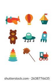 Colorful baby toys set. Flat vector illustration. Cute children toys concept.