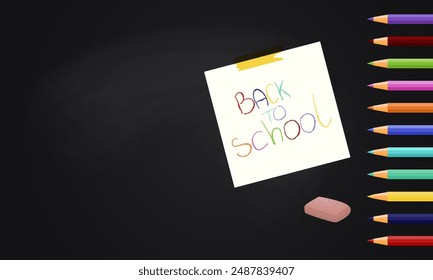Colorful Back to School background, Note with Pencils on Black Background
