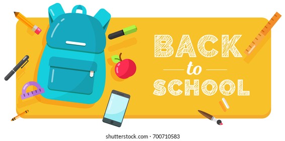 Colorful back to school banner with backpack, pencil, pen, mobile phone, apple, ruler, pen, text for sale