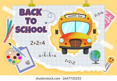 Banner colorido de volta à escola com ônibus escolar, equações matemáticas, globo, papel de carta e grade de papel de fundo. Design de desenhos animados divertidos para educação, aprendizagem, conteúdo com temas infantis. Ilustração vetorial .