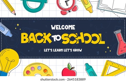 Colorful Back to School Banner for Kids and Students Featuring Playful Typography, School Supplies, and Education Themed Elements. Perfect for Posters, Social Media, Websites, and Classroom Decoration