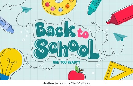 Colorful Back to School Banner for Kids and Students Featuring Playful Typography, School Supplies, and Education Themed Elements. Perfect for Posters, Social Media, Websites, and Classroom Decoration