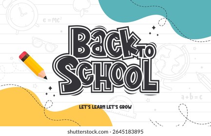 Colorful Back to School Banner for Kids and Students Featuring Playful Typography, School Supplies, and Education Themed Elements. Perfect for Posters, Social Media, Websites, and Classroom Decoration