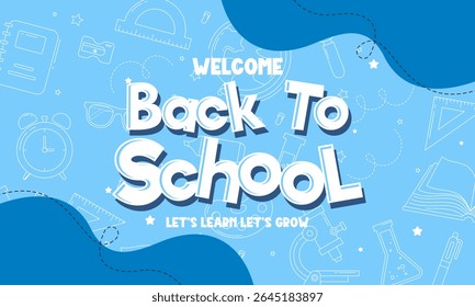 Colorful Back to School Banner for Kids and Students Featuring Playful Typography, School Supplies, and Education Themed Elements. Perfect for Posters, Social Media, Websites, and Classroom Decoration