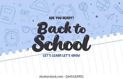 Colorful Back to School Banner for Kids and Students Featuring Playful Typography, School Supplies, and Education Themed Elements. Perfect for Posters, Social Media, Websites, and Classroom Decoration