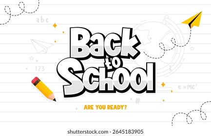 Colorful Back to School Banner for Kids and Students Featuring Playful Typography, School Supplies, and Education Themed Elements. Perfect for Posters, Social Media, Websites, and Classroom Decoration