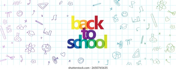 Colorful back to school banner template with hand drawn school icons on grid background
