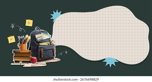 Colagem colorida de volta à escola com uma mochila cheia de suprimentos educacionais, enfatizando o tema da escola.