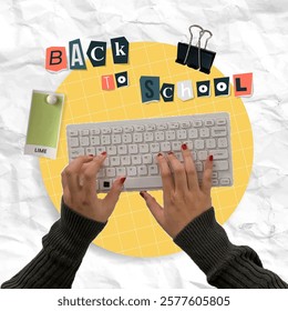 A colorful back to school collage showcasing hands typing on a keyboard with organizational tools, perfect for themes related to education and technology.