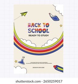 Colorful Back to School concept illustration with educational books, rainbow, and paper planes.