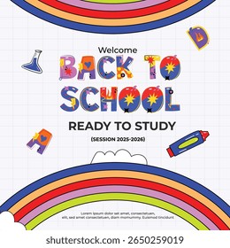 Colorful Back to School concept illustration with educational books, rainbow, and paper planes.