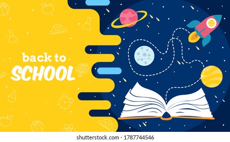 Colorful back to school design concept-dark blue and bright yellow color combination with school items-book-globe-galaxy