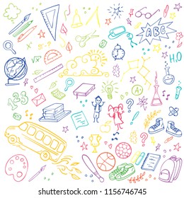 Colorful Back to school doodles set. Vector illustration. Perfect for textile fabric design, wrapping paper and website wallpapers.