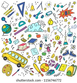 Colorful Back to school doodles set. Vector illustration. Perfect for textile fabric design, wrapping paper and website wallpapers.