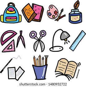 Colorful Back to school doodles set. Vector illustration. Perfect for textile fabric design, wrapping paper and website wallpapers.