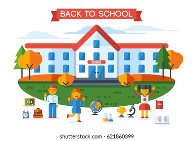 Colorful back to school education concept with schoolers and building. Vector flat Illustration isolated on white background. Happy students children in front yard