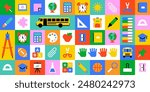Colorful back to school geometric mosaic seamless pattern. Modern flat education cartoon icon background, fun study concept wallpaper print. Children stationery texture, art supplies symbol design.