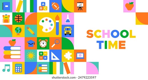 Colorful back to school geometric mosaic web banner. Modern flat education cartoon icon background, fun study concept illustration. Children stationery template, college subject symbol design.