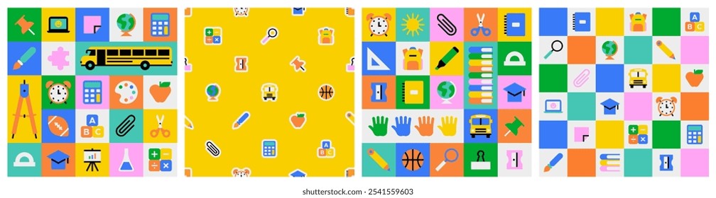 Colorful back to school geometric mosaic seamless pattern set. Modern education cartoon icon background, fun study concept wallpaper print. Children stationery texture, art supplies symbol design.