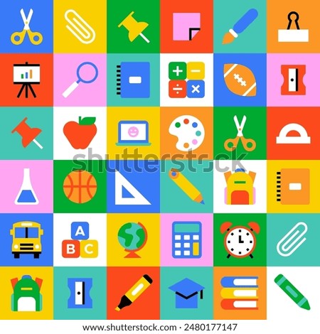 Colorful back to school geometric mosaic seamless pattern. Modern flat education cartoon icon background, fun study concept wallpaper print. Children stationery texture, art supplies symbol design.
