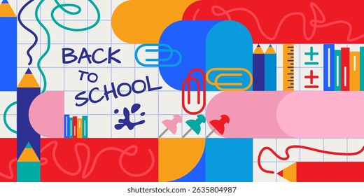 Colorful back to school geometric pattern with abstract shapes, circles and squares on grid background. Study supplies icons - pencils and books, ruler and paper clips, pushpins for educational design