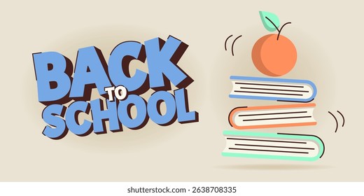 Colorful back to school horizontal banner with books, apple and text. Template for education themed designs. Flat vector illustration