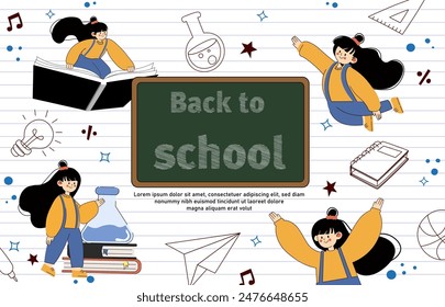 Colorful back to school illustration featuring happy kids, a chalkboard, and various educational elements. Ideal for school promotions and educational materials.