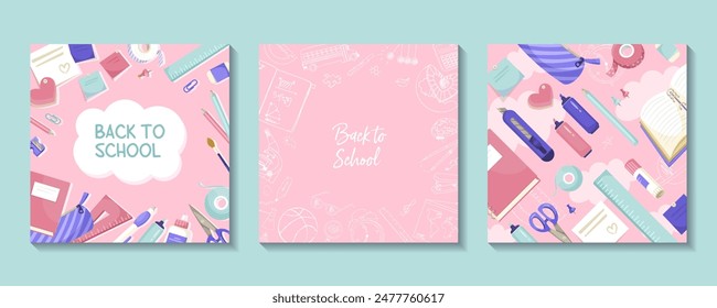 Colorful back to school illustrations with supplies, pink background. Vector illustration